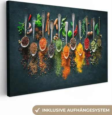 Produktbild von MuchoWow© Leinwand Bilder 120x80 cm - Design: Löffel und Gewürze, moderne Wanddeko für Wohnzimmer & andere Zimmer