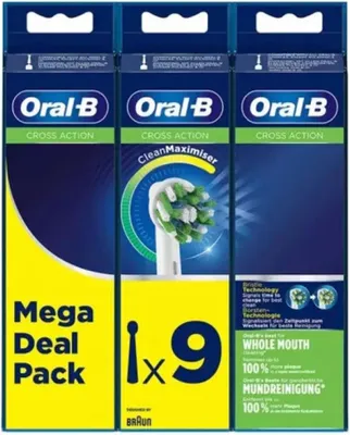 Three boxes of Oral-B Cross Action toothbrush heads are displayed side-by-side.