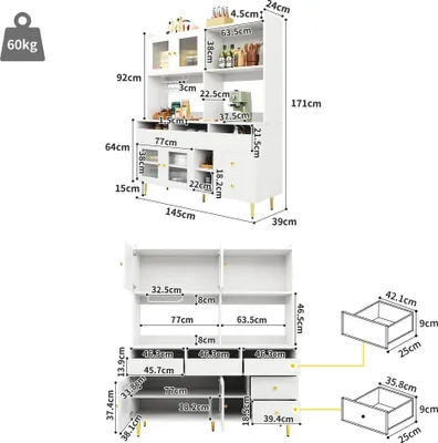Produktbild von Esszimmerschrank - Vitrinenschrank - 145×39×171 cm - Perforierte Glastüren - Weinglashalter - Mehrstufiger Stauraum - Montage erforderlich - Weiß