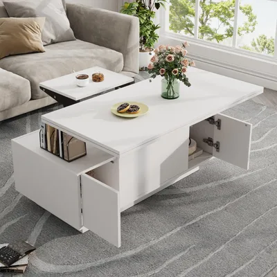 Produktbild von Merax Couchtisch mit doppelter Hebefunktion und Stauraum, 100x50x43cm, Weiß-Holzoptik, Höhenverstellbarer Kaffeetisch mit 2 Türen und verstecktem Fach