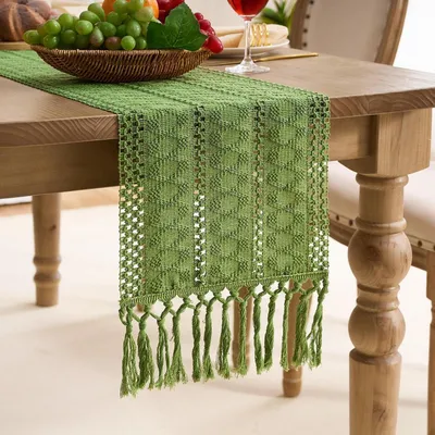 Zdjęcie produktu dla Bieżnik boho, zielony, 30x140 cm, bawełna i len, z frędzlami, można prać
