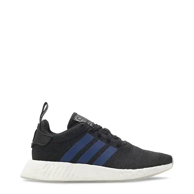 A single black Adidas training shoe with blue stripes on a white background.