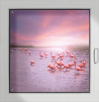 Produktbild von Wallario Lichtschutzbild, Dekorativer Sichtschutz Sonnenschutz 96 x 93 cm mit Motiv: Rosa Flamingos bei Sonnenuntergang - Verdunklung ohne Bohren
