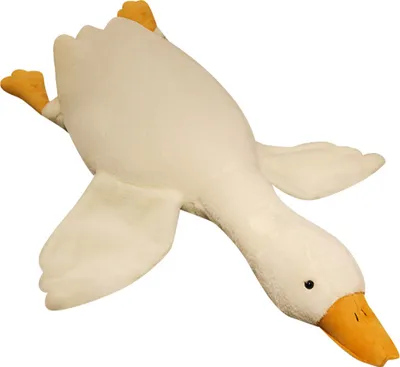 A white goose plush toy lying on a white background.