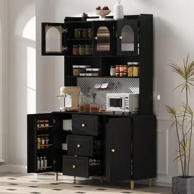 Produktbild von Küchenschrank Buffetschrank 190 cm Schwarz mit Lochbrett und Stauraum