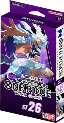 A product box for a One Piece card game starter deck featuring Monkey D. Luffy.