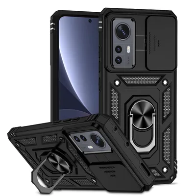 Immagine prodotto di Custodia per Xiaomi 12 / Xiaomi 12X a doppio strato con copertura scorrevole della fotocamera e supporto ad anello nero