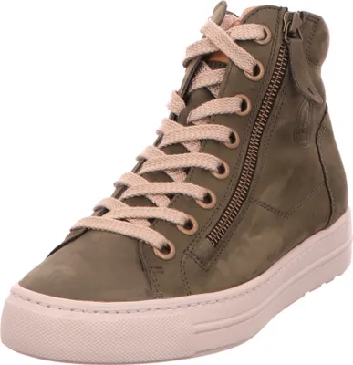 A single olive green high-top sneaker with beige laces and a white sole, shown from a side-front angle against a white background.