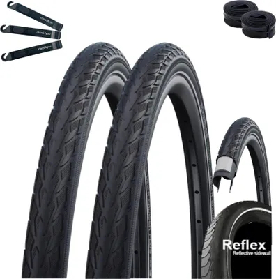 Produktbild von 2 x Schwalbe Delta Cruiser Plus PunctureGuard E-25 Fahrradreifen Schwarz/Reflex 40-635 (28 x 1,1/2 ) + 2 x Schwalbe Schläuche DV17 inkl. maxxi4you Reifenheber