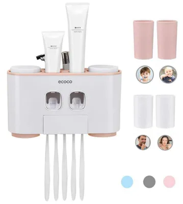 Productafbeelding van Tandpasta-dispenser en tandenborstelhouder set, roze, met 2 dispensers, 4 bekers, 5 tandenborstelplaatsen, voor wandmontage