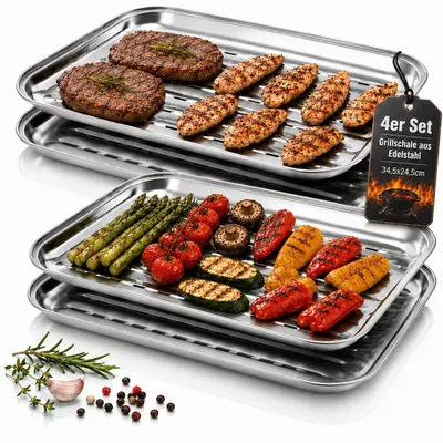 Produktbild von 4er Set Edelstahl Grillschalen 34,5 x 24,5 cm – Grillpfannen für Gas-, Holzkohlegrill & BBQ – für Fleisch, Fisch & Gemüse - Wiederverwendbar, KI-generiertes Bild