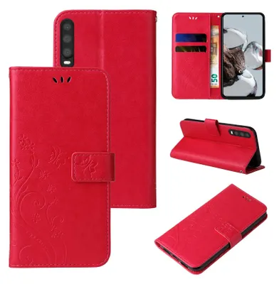 A collage of images showing a red flip phone case with floral and butterfly designs from multiple angles.