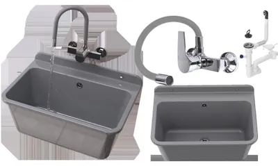 Obrázek produktu pro Granitan | Pracovní dřez – LARGE – s baterií – se sifonem – šedý – 61 x 41 cm – do prádelny a garáže