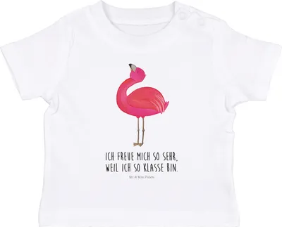 Produktbild von Mr. & Mrs. Panda  T-Shirt Flamingo Stolz 12. - 18. Monat - Weiß - Geschenk, Baby Shirt, Babyshirt, Organic, Rosa, Beste Freundin, Mama, Kurzarmshirt