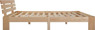 A wooden bed frame with a slatted headboard and base, shown from the side against a white background.