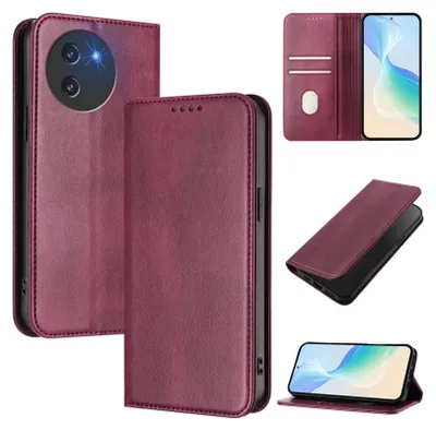 A collage of images showing a red leather phone case for a Doogee Note 59 / Note 59 Pro.