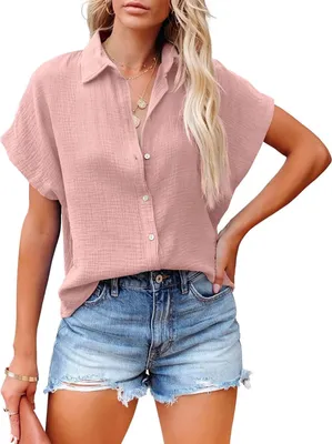 Image de ASKSA Femme Boutonner Blouse Manches Courtes Col V Chemise Manches Chauve-souris Revers Hauts Casual Lâches T-shirts Unis, Rose, XXL