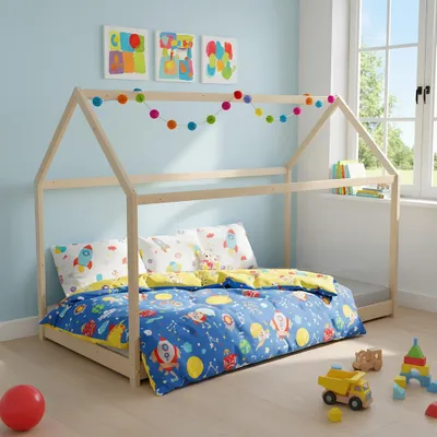 Produktbild von Hausbett PANDA mit Lattenrost / Kinderbett 70x140 cm - Naturholz
