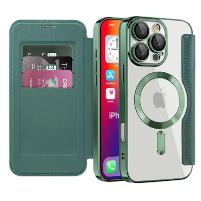 A green flip case for an iPhone with card slots is shown next to the iPhone itself, which is in a clear case with a green accent. The iPhone screen is visible.