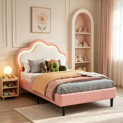 Image de Lit rembourré INONEFT, 90x200 cm, lit pour filles, lit princesse avec tête de lit LED, lit pour enfants et adolescents avec sommier à lattes, en PU, de couleur rose