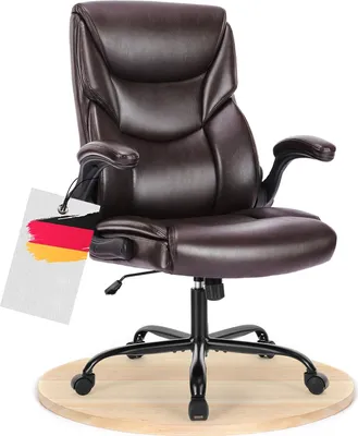 A brown leather office chair is shown from the front on a light wooden circular base.
