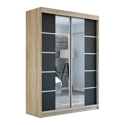 A sliding door wardrobe with a wood-effect frame and mirrored doors.