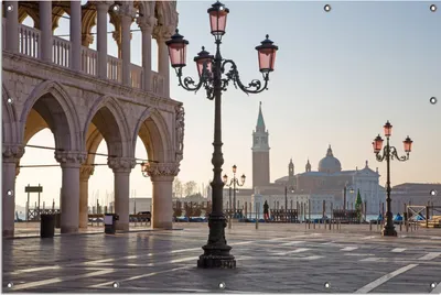Produktbild von Wallario Outdoor-Poster für Garten oder Balkon, Motiv Venedig - Dogenpalast, Markusplatz und San Giorgio Maggiore II, in ca. 120 x 180 cm