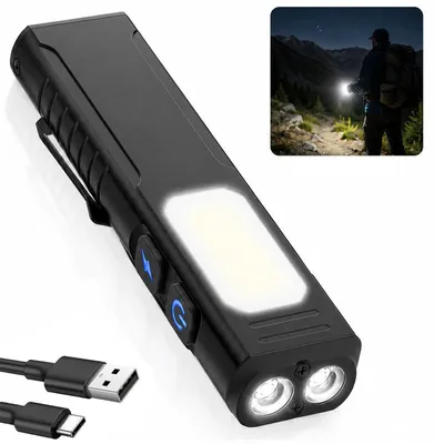 Produktbild von LED EDC Taschenlampe USB-C Wiederaufladbar, Aluminium Mini Taschenlampe mit Magnet, COB Seitenlicht & Clip, 7 Modi