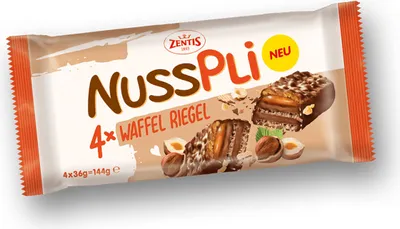 Produktbild von Zentis Nusspli Waffel Riegel mit Karamell und Haselnusscreme 4er 144g
