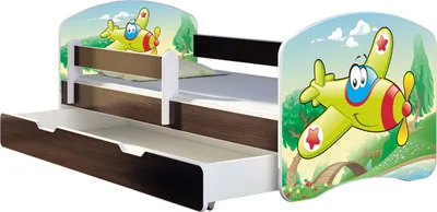 Produktbild von ACMA Jugendbett Kinderbett Junior-Bett Komplett-Set mit Matratze Lattenrost und Rausfallschutz Wenge 29 Flugzeug 180x80 + Bettkasten
