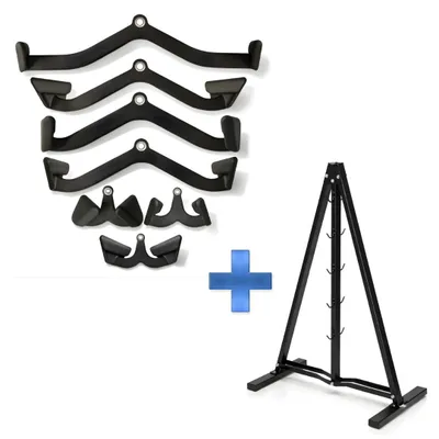 Image de PH Fitness Multi Grip Set 7 + support pour accessoires de câbles A-Frame – Kit de poignées pour câbles avec support de rangement – Accessoires pour tirage latéral et rameur pour le dos