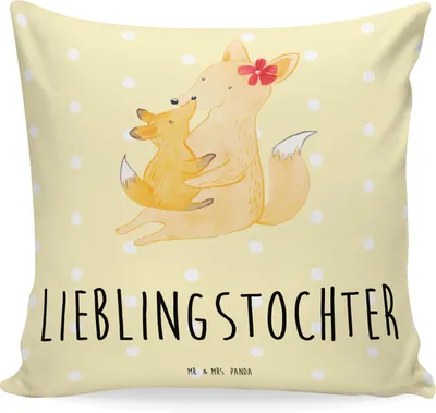 Produktbild von Mr. & Mrs. Panda kissen bedruckt Fuchs Mama - Gelb Pastell - Geschenk, Kuschelkissen, Mutter, Muttertag, Schoß, Kuschel, 40x40, zier, Tochter, Deko