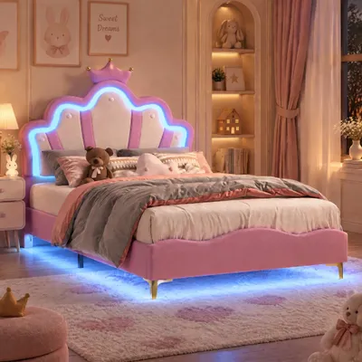 Obrázek produktu pro Postel INONEFT, dětská, 140x190 cm, s LED osvětlením, postel pro princezny, jednolůžko, nastavitelná opěrka hlavy, rám postele s roštem, pro děti, materiál: PU, barva: růžová