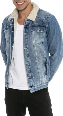 Produktbild von Red Bridge Herren Jeansjacke Trucker Sherpa Denim RBC Jeansjacke gefüttert Jacke Mantel Übergangsjacke Jeans Blue Denim Blau Blau XS