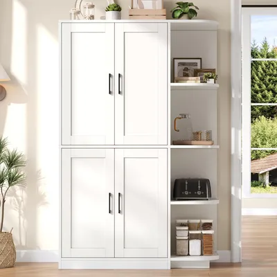 Produktbild von Flieks Küchenschrank mit 4 Türen, 4 offenen Ablagefächern, Vorratsschrank mit verstellbaren Einlegeböden, Sideboard für Wohnzimmer und Esszimmer, Weiß