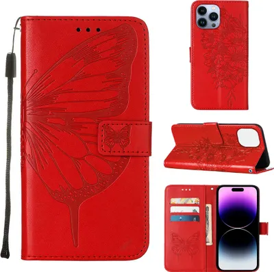 Produktbild von iPhone 15 Pro Hülle, Schmetterling Prägung Flip Leder Kartenfächer Schutzhülle Ledertasche mit Ständer für iPhone 15 Pro Rot
