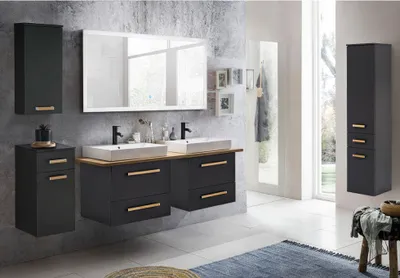 Produktbild von Badmöbel Komplett Set mit Keramik Doppel-Waschtisch DABO-04 in anthrazit mit Landhaus Eiche, B/H/T 250/200/50 cm