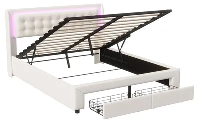 Image de Lit rembourré - Lit double 160 x 200 cm - Revêtement en velours - Beige - Avec espace de rangement - Sommier à lattes - Design moderne