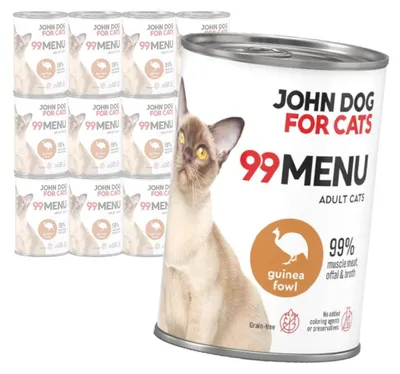 Produktbild von John Dog for Cats 99 Menü Nassfutter für ausgewachsene Katzen mit Perlhuhn 12x400g