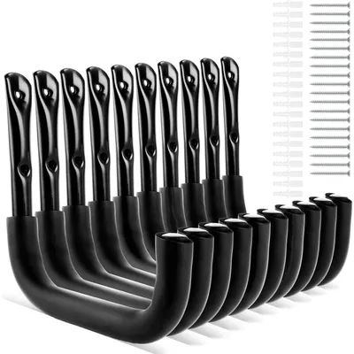 Produktbild von Wandhaken zum Schrauben 10 Stück Schwarz Schwerlast 25 kg 25 x 23 cm J-Haken Gerätehalter Wandhalterung für Fahrräder und Gartengeräte