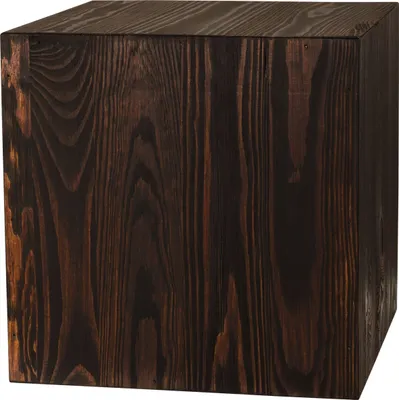 A dark brown wooden cube on a white background.