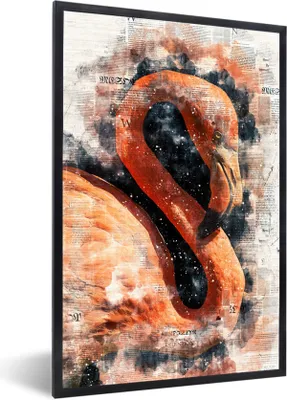Produktbild von MuchoWow® MuchoWow® Gerahmtes Poster Flamingo - Sterne - Zeitung 40x60 cm - Poster mit zchwarzem Bilderrahmen - Papierdruck - Wandbilder