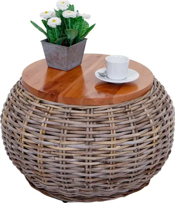 Produktbild von Beistelltisch HWC-M30, Rattantisch Blumentisch Kaffeetisch Loungetisch Holztisch, rund 33x49x49cm, Kubu Rattan natur