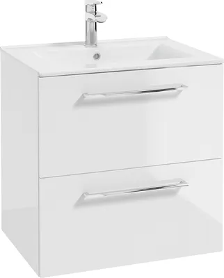 Produktbild von Bad Waschtisch in weiß Hochglanz lackiert mit Metallgriffen in chrom, 2 Schubladen und Keramikwaschbecken MESSINA-107, B/H/T ca. 60/62/46 cm