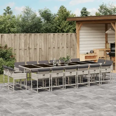 Produktbild von Design 17-tlg. Garten-Essgruppe mit Kissen Hellgrau Poly Rattan, Gartenmöbel-Sets 2024 Neu
