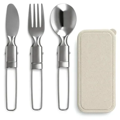Produktbild von Edelstahl Campingbesteck 3-teilig mit Etui – Klappbesteck Set mit Messer, Gabel und Löffel für Camping, Outdoor und Wandern