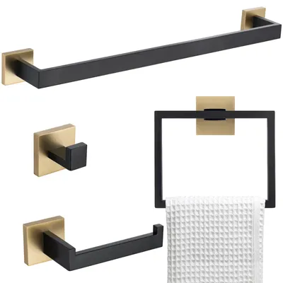Badzubehör-Set 4-teilig, Schwarz/Gold, Edelstahl, Wandmontage