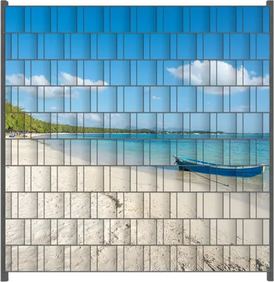Produktbild von Wallario Zaunsichtschutz mit Motiv Boot an einem tropischen Strand für Ein- und Doppelstabmatten Zäune in der Größe 200 x 200 cm