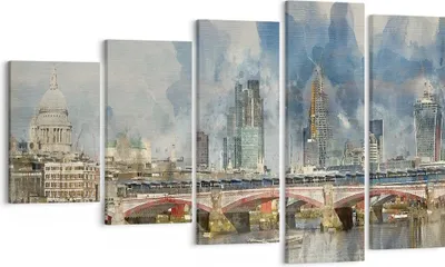 Produktbild von Bild auf Leinwand - Leinwandbild - 5 Teile - London Aquarell Panorama - 100x60cm - Wand Bild - Wanddeko - Wandbilder - Leinwanddruck - Bilder - Wanddekoration - Leinwand bilder - EG100x60-4594