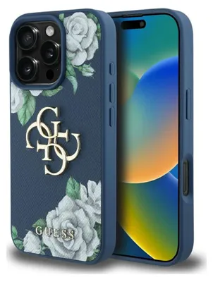 Produktbild von Guess Grained Roses 4G Etui für iPhone 16 Pro Blau